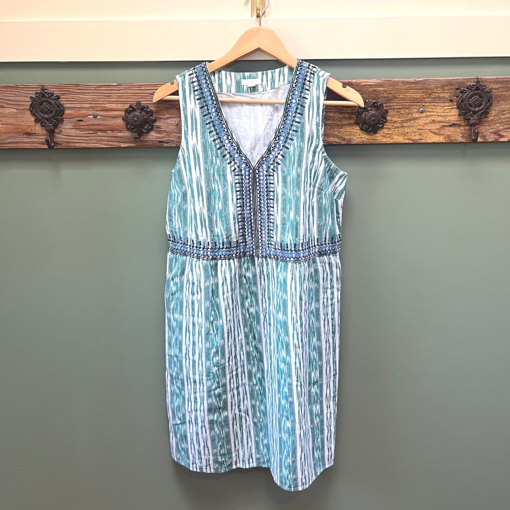 J. Jill Womens Teal White Ikat Stripe Embroidered V-Neck Cotton‎ Shift Dress S